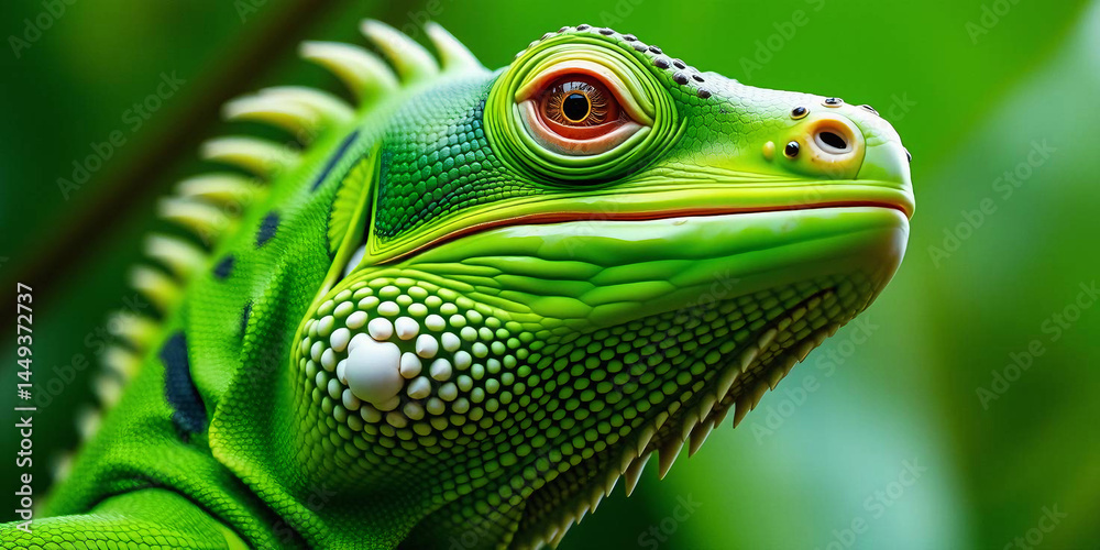Obraz premium a green iguana, showcasing its detailed features. The iguana's skin is a vibrant green with patches of darker green and brown, providing a textured appearance