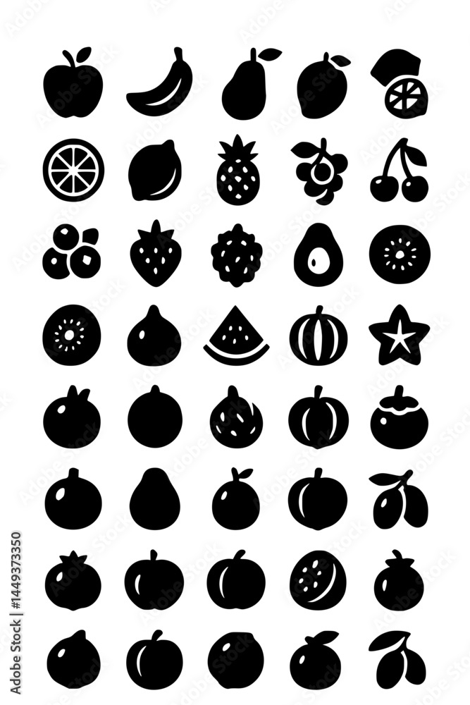 Fototapeta premium Fruit Collection Icons.fruit, apple, banana, pear, mango, orange, lemon, pineapple, grapes, cherry, blueberry, strawberry, raspberry, avocado, kiwi, fig, watermelon, pumpkin, starfruit, pomegranate, p
