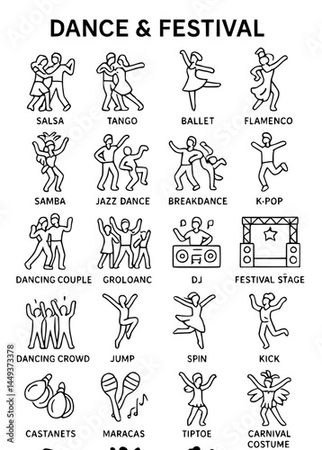 Dance and Festival Icons.dance, festival, salsa, tango, ballet, flamenco, samba, jazz dance, breakdance, k-pop, dancing couple, crowd, DJ, stage, jump, spin, kick, castanets, maracas, tiptoe, carnival