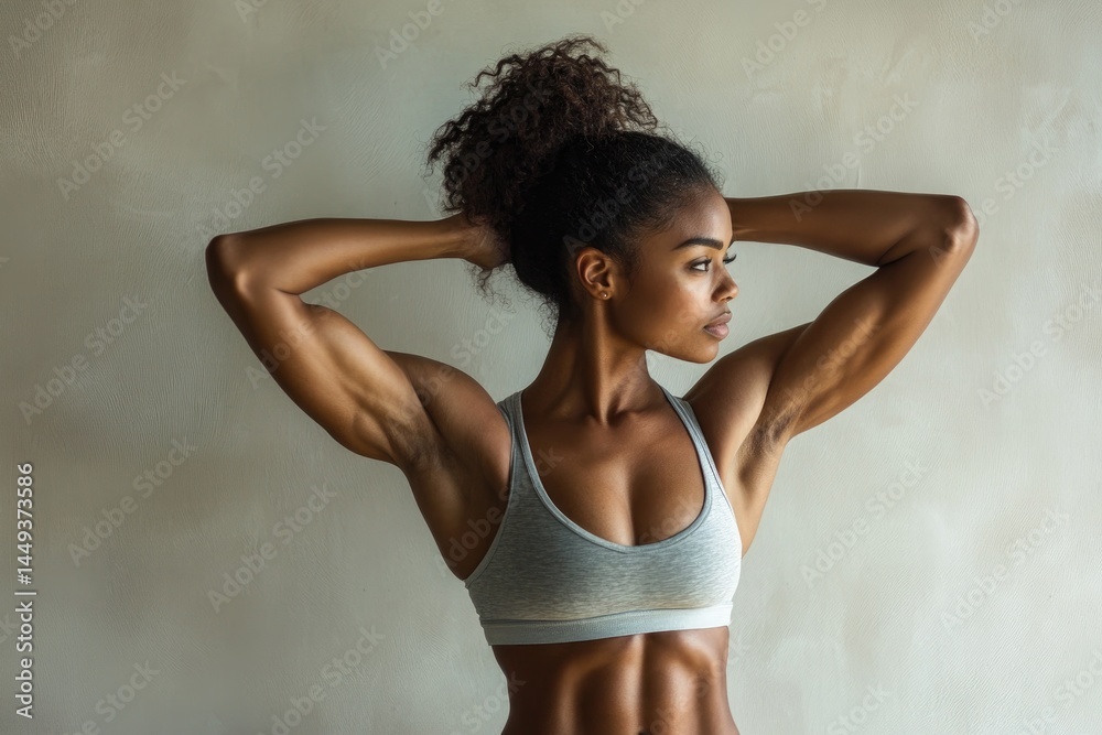Fototapeta premium Strong athlete showcases defined muscles in home fitness environ