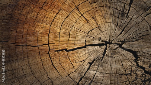 A close-up view of a tree trunk cross-section showing detailed annual growth rings and natural cracks in the wood.