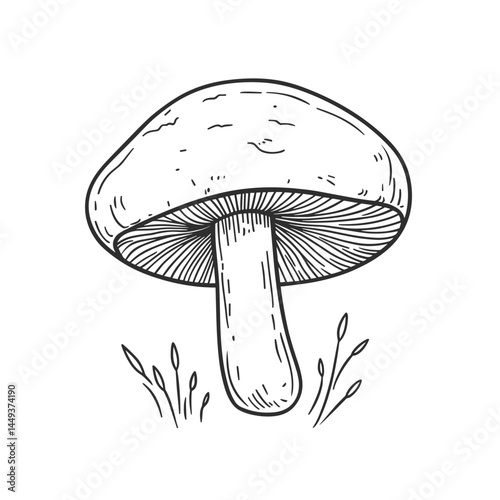 Hand-drawn mushroom illustration in black and white style  