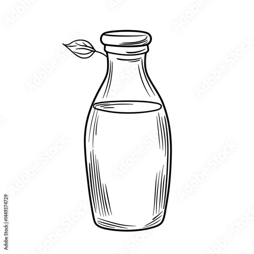 Hand-drawn milk bottle with leaf in minimalist style  