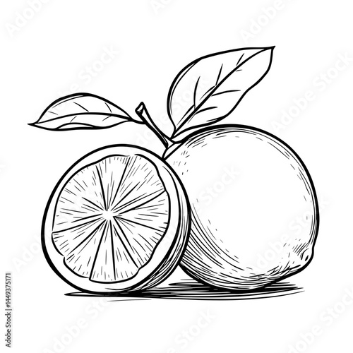Lemon and Lime Illustration with Leaves in Black and White  