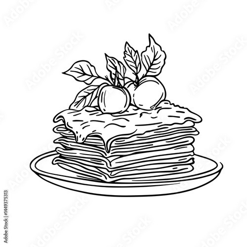 Lasagna with Apples Garnish on White Plate  