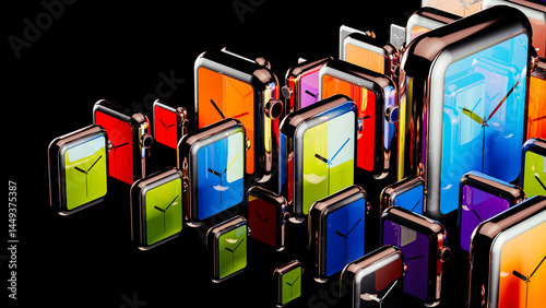 Colorful digital clocks create a vibrant abstract background