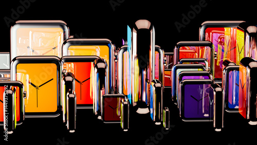 Colorful digital clocks create a vibrant abstract background