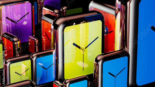 Colorful digital clocks create a vibrant abstract background