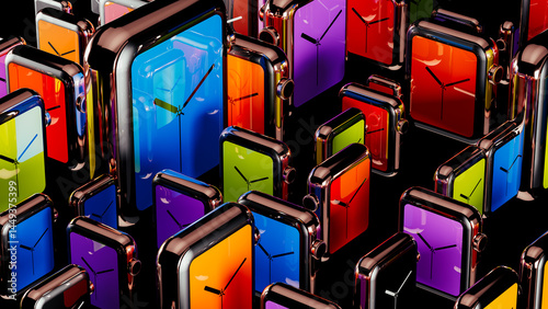 Colorful digital clocks create a vibrant abstract background