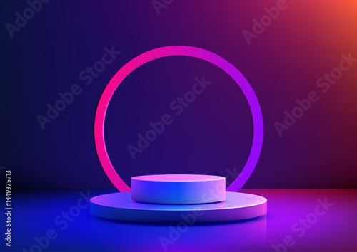 futuristic 3d white cylindrical podium with neon pink ring blue purple gradient light dark backdrop technology concept mockup