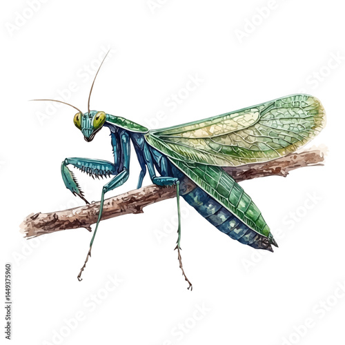 watercolor of Praying Mantis On A Twig, vector, isolated on a white background.