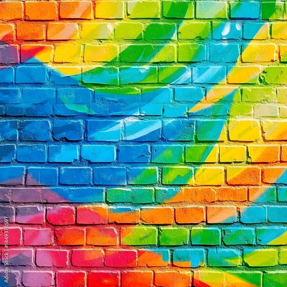 Naklejka premium Vibrant Rainbow Graffiti Brick Wall Texture