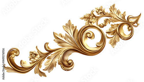 Decorative golden ornament with floral elements on transparent background png cutout