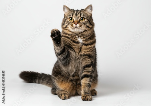 Adorable Tabby Cat Raising Paw Cute Pet Animal Friendly Playful Kitten Fluffy Fur Brown Stripes