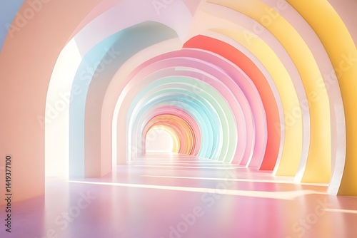 Perspective Hallway with Colorful Arches, Pastel Tones, Abstract Interior, Light