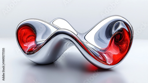 A silver and red sculpture with a red swirl