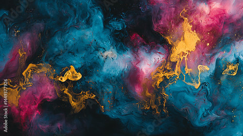 A painting of a colorful galaxy with gold and blue swirls
