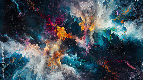A colorful painting of a galaxy with a bright orange and blue swirl