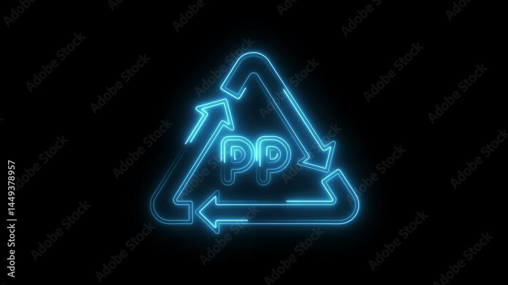 Glowing neon pp recycling symbol animation on black background representing environmental consciousness and sustainable practices within a circular economy