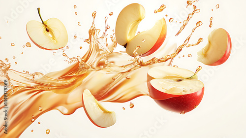 A splash of apple juice with a few pieces of apple floating in it