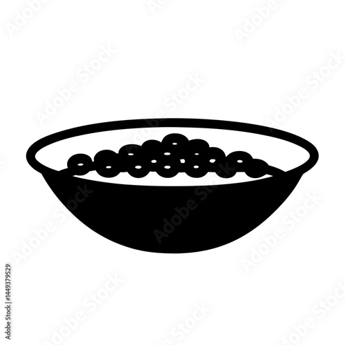 Monochrome illustration of a bowl filled with small spherical objects, a simple design