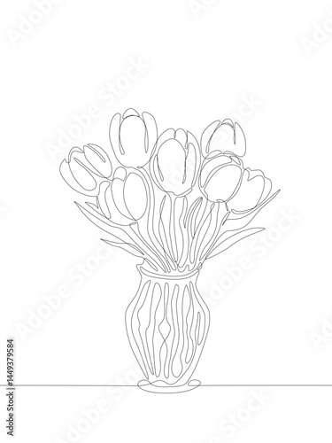 Continuous one line drawing of tulips in a vase. Minimalist floral illustration in modern single-line art style, perfect for botanical decor, greeting cards, or design elements. Editable stroke