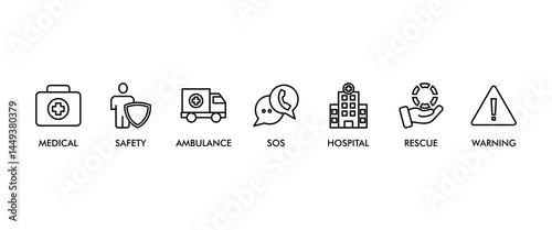 Emergency banner web icon vector illustration concept with icon of urgency, medical, safety, ambulance, sos, hospital, rescue, and warning