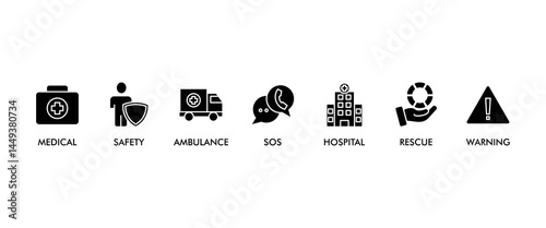 Emergency banner web icon vector illustration concept with icon of urgency, medical, safety, ambulance, sos, hospital, rescue, and warning