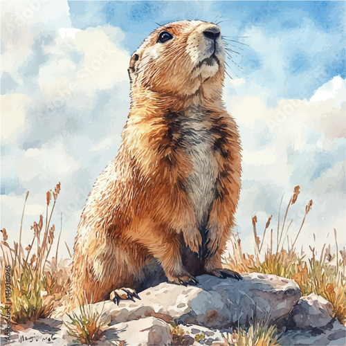watercolor of Prairie Dog Looking Up, vector, isolated on a white background.