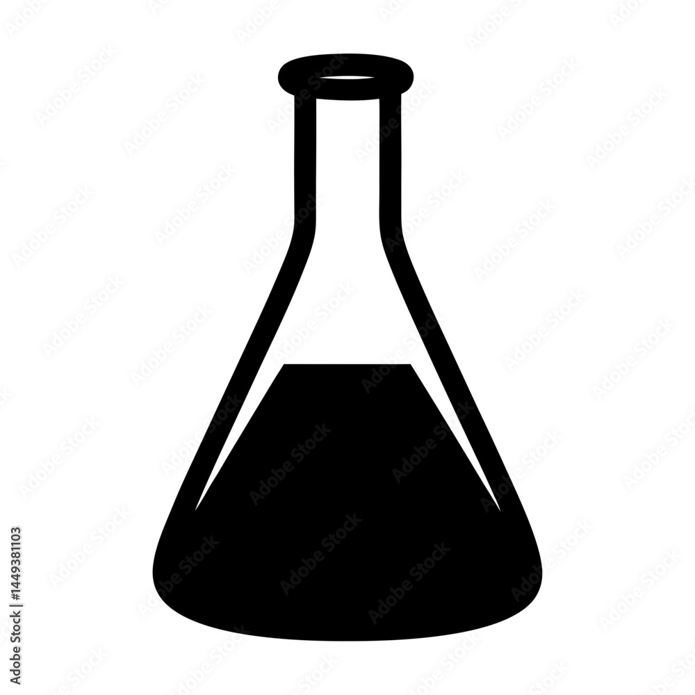 Black outline of a volumetric flask with dark liquid inside, on white Black outline of a volumetric flask with dark liquid inside, on white