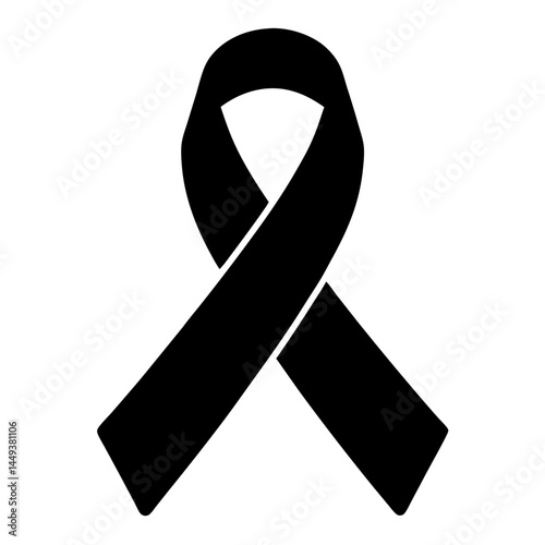 Black Awareness Ribbon Symbol for Mourning, Simple black ribbon icon representing mourning, grief, or awareness for causes like cancer or remembrance events and memorials.
