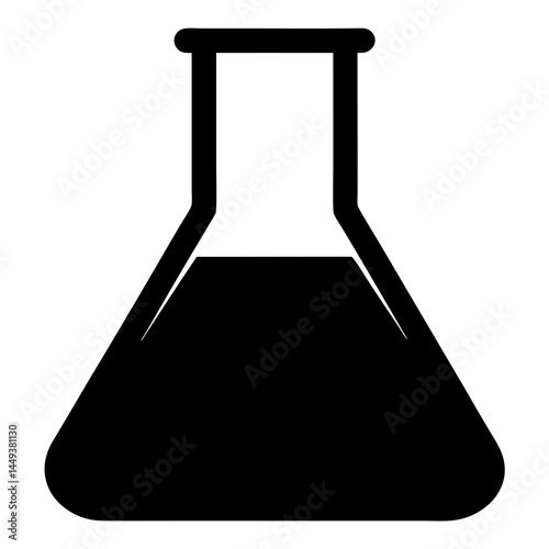 Black Erlenmeyer flask containing a dark liquid substance, illustration for science and research
