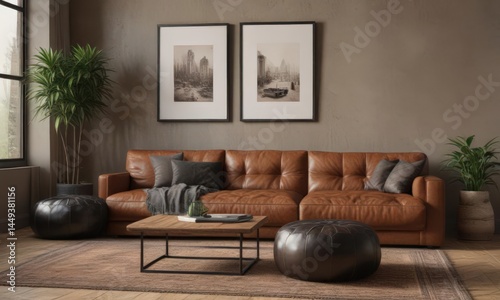 Two vintage black poufs add texture & contrast to a brown leather couch in an eclectic living room setting ,  leather couch,  black