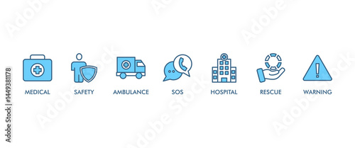 Emergency banner web icon vector illustration concept with icon of urgency, medical, safety, ambulance, sos, hospital, rescue, and warning