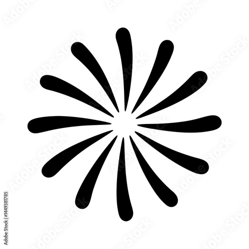 Black and white abstract sunburst with rounded rays emanating from center