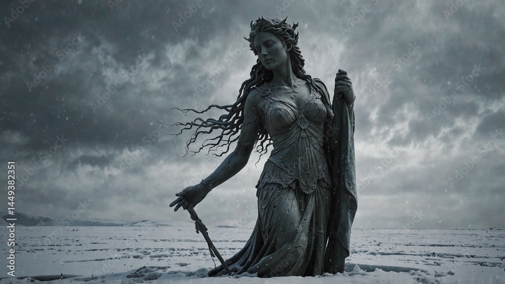 Fototapeta premium A statue of Akaphede, goddess of the wind wall, standing before frozen gales, her hair caught mid-motion