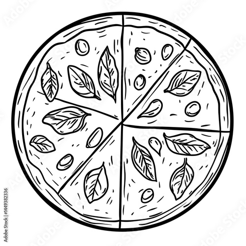 Classic Pizza with Basil Leaves in Black Line Drawing Style  