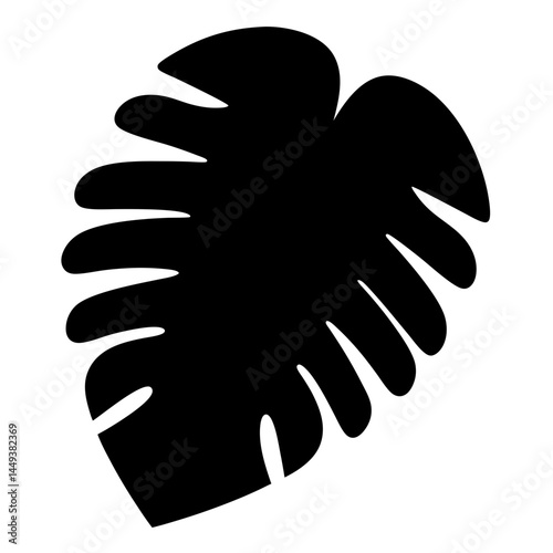 Monstera deliciosa leaf silhouette in black on white background, botanical illustration