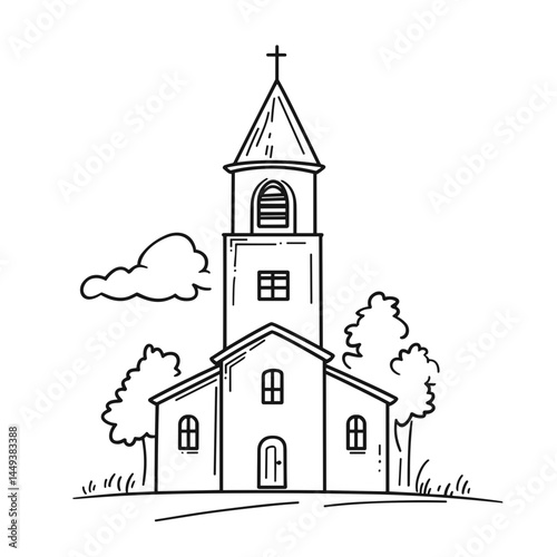 Church sketch with trees and clouds in a minimalist style  