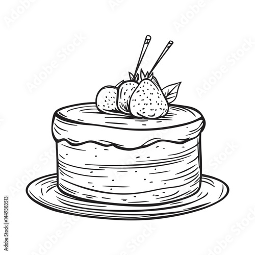 Chocolate Fondant Cake with Strawberries on a Plate in Line Drawing Style  