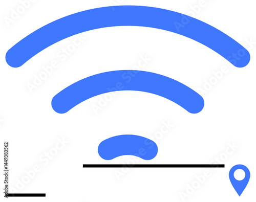 Blue curved wireless waves expanding above a location pin and scattered minimalist lines. Ideal for technology, connectivity, navigation, communication, internet networks, mobile apps, or a simple