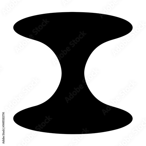 Abstract hourglass shape in solid black set against a white background plane