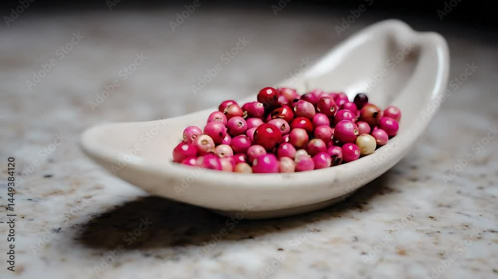 Fresh pink peppercorns arranged in white dish Fresh pink peppercorns arranged in white dish