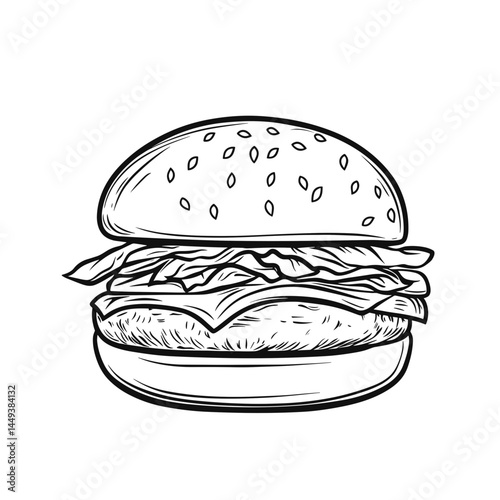 Hand-drawn burger with lettuce and cheese on a white background  