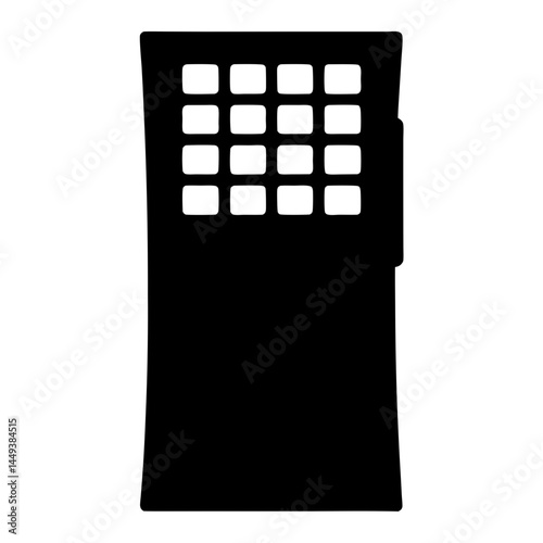 A black riot shield with sixteen viewing ports on a white background