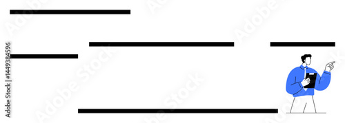 Man holding clipboard and gesturing while standing beside structured horizontal lines representing organization and data. Ideal for teamwork, presentation, planning, education, communication