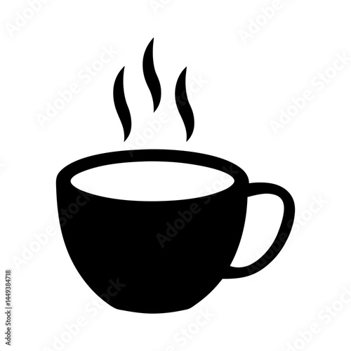 Simple black and white icon of a steaming cup of coffee
