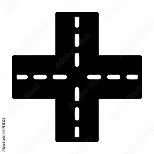 Intersection icon representing a four way stop with dashed lines marking lanes