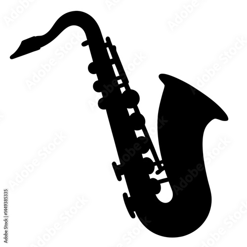 Black silhouette of a saxophone isolated against a white background image