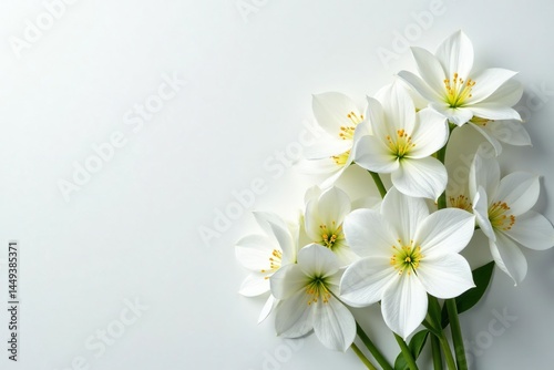 Elegant white flower arrangement on pristine background, petals, light, art